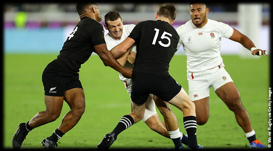 England v New Zealand Jonny May tackled by Sevu Reece and Beauden Barrett SF2 RWC2019